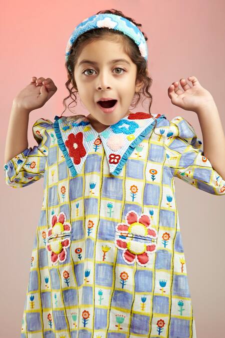 Joey & Pooh_Multi Color Cotton Satin Embroidery Flower Chequered Print Dress _at_Aza_Fashions