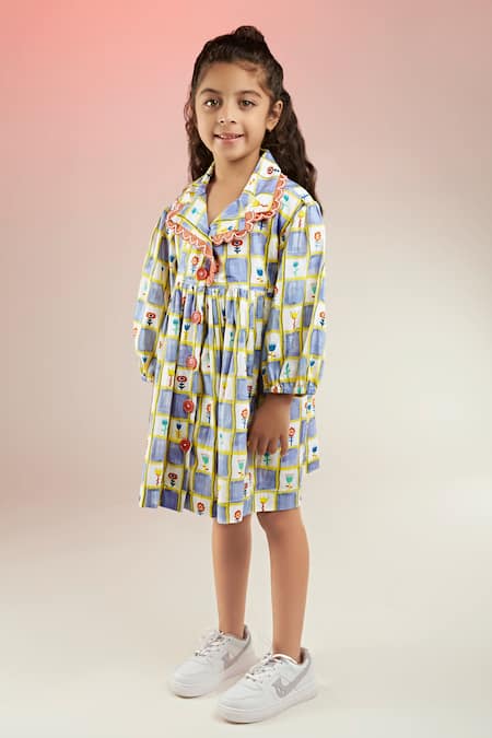 Shop_Joey & Pooh_Multi Color Cotton Flower Chequered Print Jacket Dress _Online_at_Aza_Fashions
