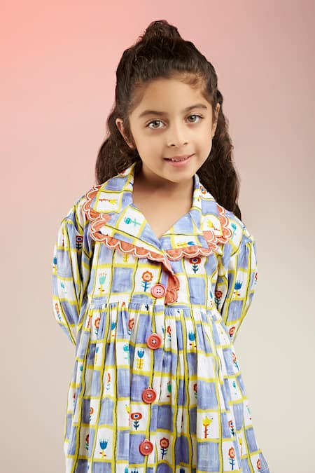 Joey & Pooh_Multi Color Cotton Flower Chequered Print Jacket Dress _at_Aza_Fashions