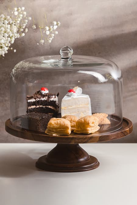 S. G. Home Brown Wood And Glass Dessert Stand With Cloche 