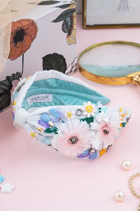 Shop_Joey and Pooh_White Fabric Flowers Embroidered Headband _at_Aza_Fashions