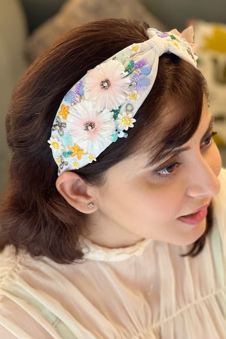 Shop_Joey and Pooh_White Fabric Flowers Embroidered Headband _Online_at_Aza_Fashions