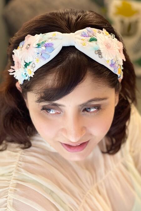 Joey and Pooh_White Fabric Flowers Embroidered Headband _at_Aza_Fashions