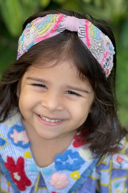 Shop_Joey And Pooh_Pink Embroidery, Rhinestones Unicorn Embellished Headband _at_Aza_Fashions