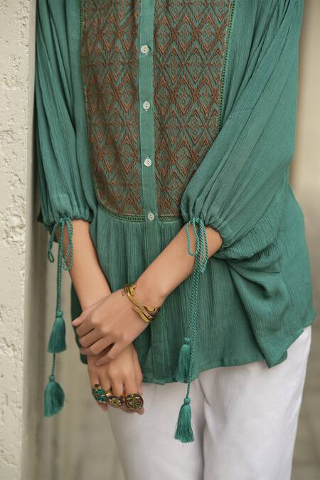 Nyaro_Green Rayon Crepe Embroidered Thread Shirt Collar Bodice _Online_at_Aza_Fashions