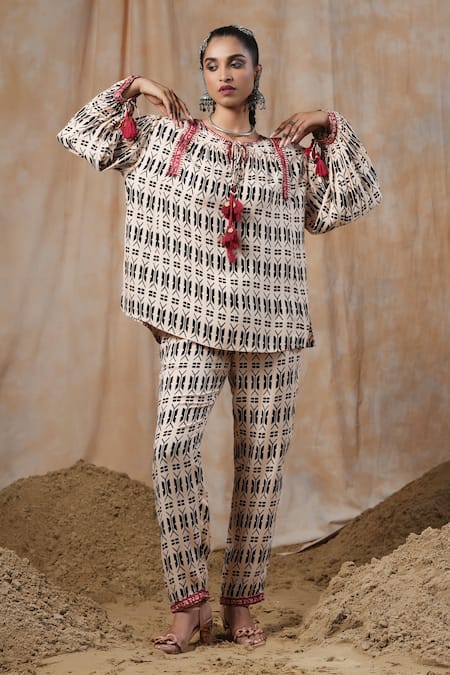 Shop_Nyaro_Beige Viscose, Modal Embroidery, Tassels Round Geometric Print Top With Pant _at_Aza_Fashions