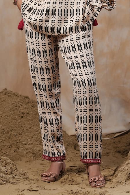 Nyaro_Beige Viscose, Modal Embroidery, Tassels Round Geometric Print Top With Pant _Online_at_Aza_Fashions