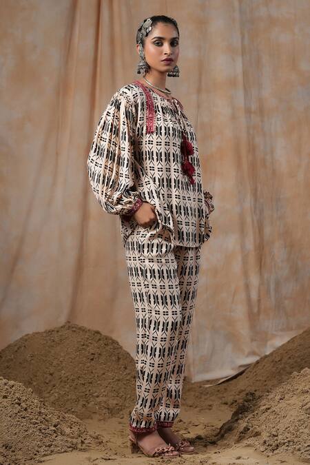 Shop_Nyaro_Beige Viscose, Modal Embroidery, Tassels Round Geometric Print Top With Pant _Online_at_Aza_Fashions