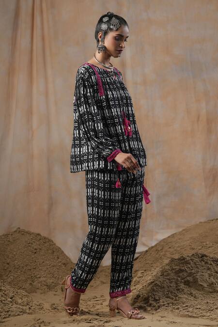 Shop_Nyaro_Black Viscose, Modal Tassels Round Neck Printed Front Tie Top With Pant _at_Aza_Fashions