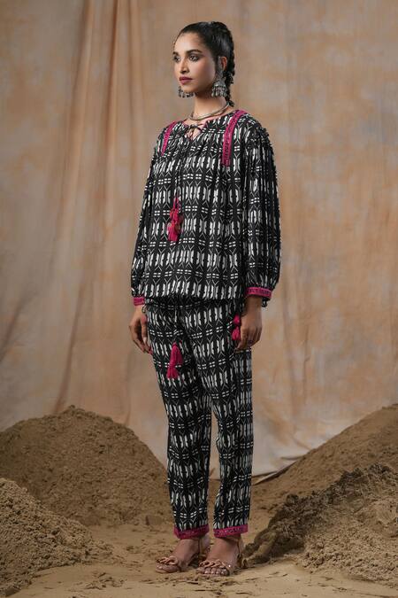 Buy_Nyaro_Black Viscose, Modal Tassels Round Neck Printed Front Tie Top With Pant _Online_at_Aza_Fashions