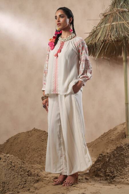 Shop_Nyaro_Off White Cotton Embroidery Round Neck Stripe Top With Pant _at_Aza_Fashions