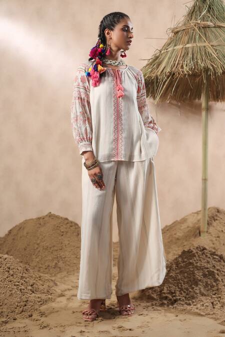 Nyaro_Off White Cotton Embroidery Round Neck Stripe Top With Pant _Online_at_Aza_Fashions