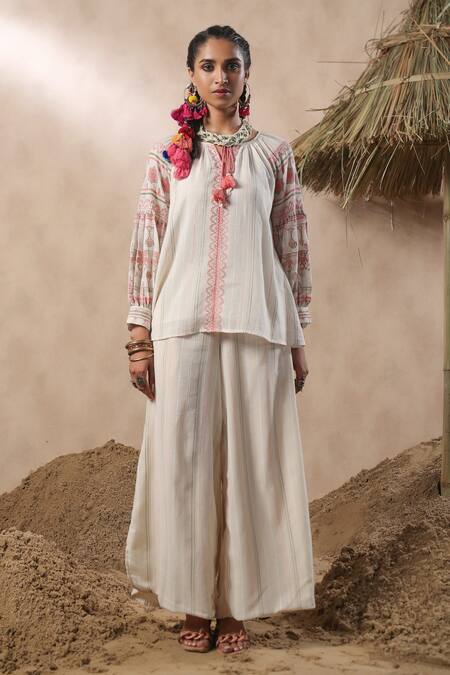 Buy_Nyaro_Off White Cotton Embroidery Round Neck Stripe Top With Pant _Online_at_Aza_Fashions