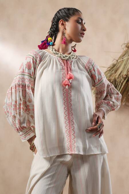 Shop_Nyaro_Off White Cotton Embroidery Round Neck Stripe Top With Pant _Online_at_Aza_Fashions