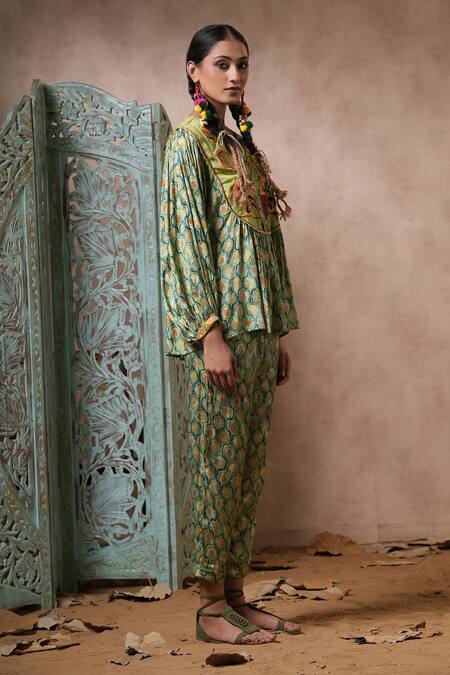 Shop_Nyaro_Green Viscose Embroidery Mandarin Collar Blossom Print Shirt With Pant _at_Aza_Fashions
