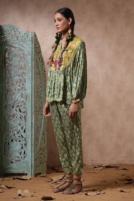 Nyaro_Green Viscose Embroidery Mandarin Collar Blossom Print Shirt With Pant _Online_at_Aza_Fashions