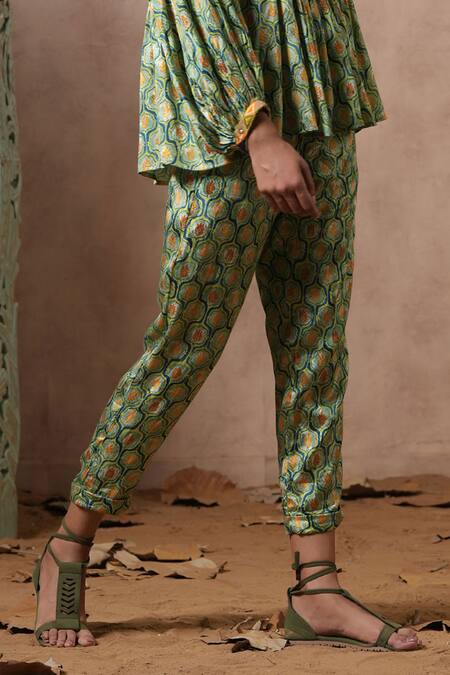 Shop_Nyaro_Green Viscose Embroidery Mandarin Collar Blossom Print Shirt With Pant _Online_at_Aza_Fashions