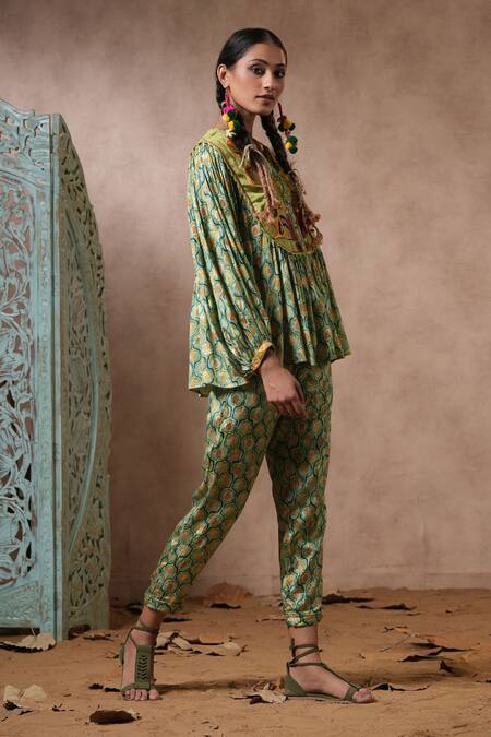 Nyaro_Green Viscose Embroidery Mandarin Collar Blossom Print Shirt With Pant _at_Aza_Fashions