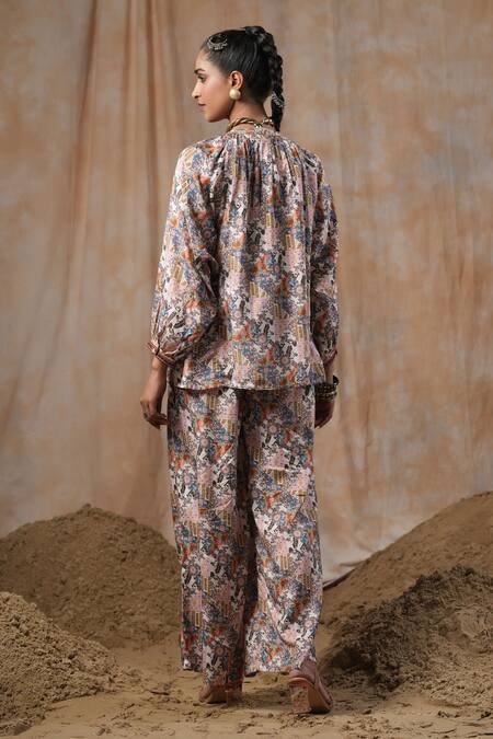 Shop_Nyaro_Beige Viscose Embroidery Mandarin Collar Botanic Print Shirt With Pant _at_Aza_Fashions