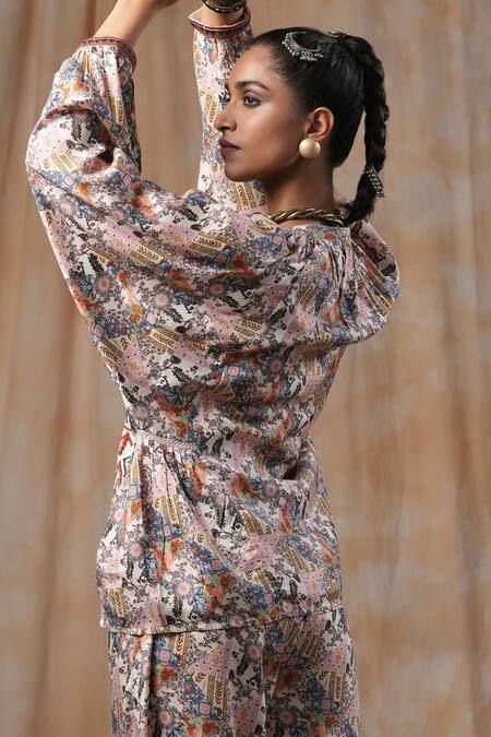 Nyaro_Beige Viscose Embroidery Mandarin Collar Botanic Print Shirt With Pant _Online_at_Aza_Fashions