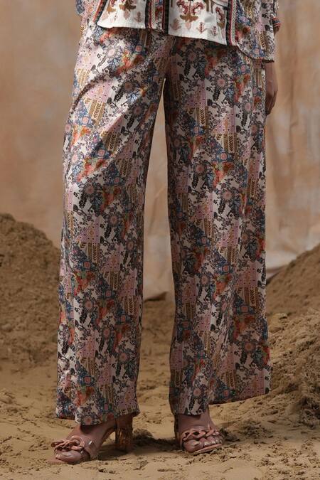 Buy_Nyaro_Beige Viscose Embroidery Mandarin Collar Botanic Print Shirt With Pant _Online_at_Aza_Fashions