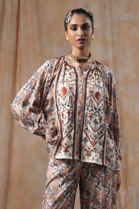 Shop_Nyaro_Beige Viscose Embroidery Mandarin Collar Botanic Print Shirt With Pant _Online_at_Aza_Fashions