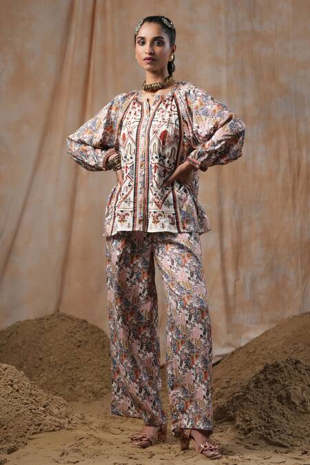 Nyaro_Beige Viscose Embroidery Mandarin Collar Botanic Print Shirt With Pant _at_Aza_Fashions
