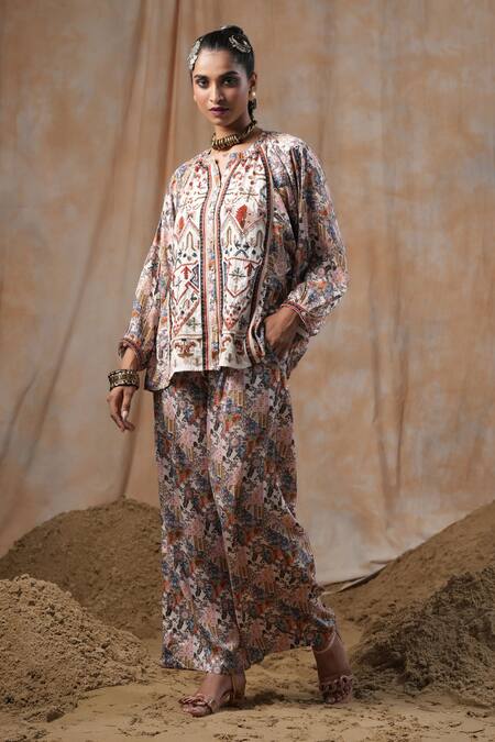 Buy_Nyaro_Beige Viscose Embroidery Mandarin Collar Botanic Print Shirt With Pant 