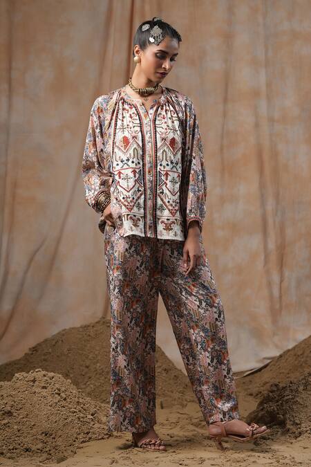 Shop_Nyaro_Beige Viscose Embroidery Mandarin Collar Botanic Print Shirt With Pant 