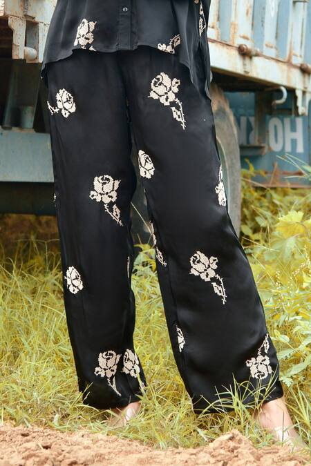 Buy Nyaro Black Viscose, Satin Embroidery Shawl Neck Thread Rose Shirt With Pant Online at Aza Fashions Buy_Nyaro_Black Viscose, Satin Embroidery Shawl Neck Thread Rose Shirt With Pant_Online_at_Aza_Fashions