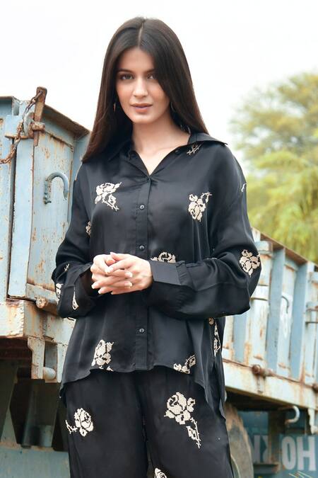 Shop Nyaro Black Viscose, Satin Embroidery Shawl Neck Thread Rose Shirt With Pant Online at Aza Fashions Shop_Nyaro_Black Viscose, Satin Embroidery Shawl Neck Thread Rose Shirt With Pant_Online_at_Aza_Fashions