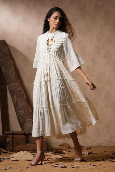 NYARO Tonal Thread Embroidered Dress 