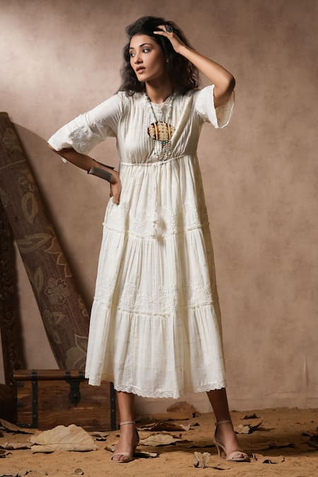Shop_Nyaro_White Cotton Embroidery Round Neck Tonal Thread Dress _at_Aza_Fashions
