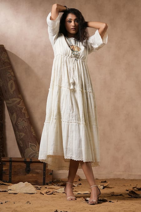 Shop_Nyaro_White Cotton Embroidery Round Neck Tonal Thread Dress _Online_at_Aza_Fashions