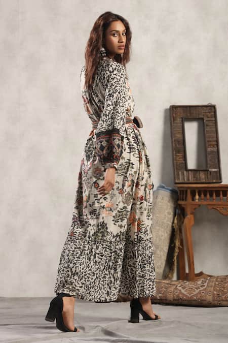 Nyaro_Black Cotton Embroidery Round Neck Floral Jaal Print Dress _Online_at_Aza_Fashions