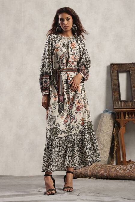 Buy_Nyaro_Black Cotton Embroidery Round Neck Floral Jaal Print Dress _Online_at_Aza_Fashions
