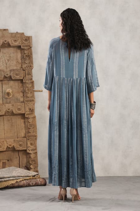 Shop_Nyaro_Blue Viscose, Georgette Embroidery Round Neck Shimmer Stripe Pattern Dress _at_Aza_Fashions