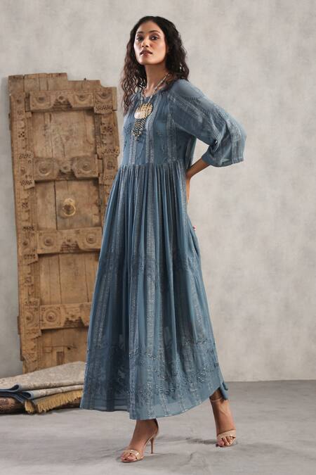 Nyaro_Blue Viscose, Georgette Embroidery Round Neck Shimmer Stripe Pattern Dress _Online_at_Aza_Fashions