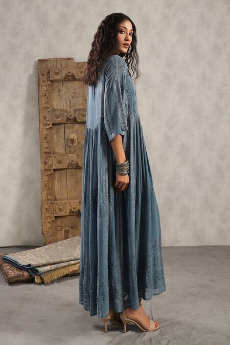 Buy_Nyaro_Blue Viscose, Georgette Embroidery Round Neck Shimmer Stripe Pattern Dress _Online_at_Aza_Fashions