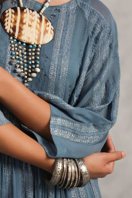 Shop_Nyaro_Blue Viscose, Georgette Embroidery Round Neck Shimmer Stripe Pattern Dress _Online_at_Aza_Fashions