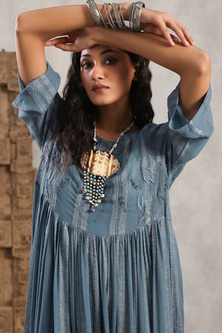 Nyaro_Blue Viscose, Georgette Embroidery Round Neck Shimmer Stripe Pattern Dress _at_Aza_Fashions