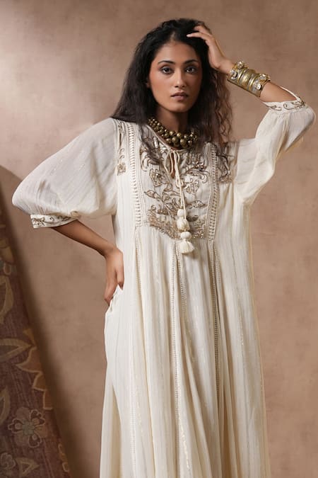 Nyaro_Off White Viscose, Georgette Sequins Round Neck Placement Embroidered Dress_Online_at_Aza_Fashions