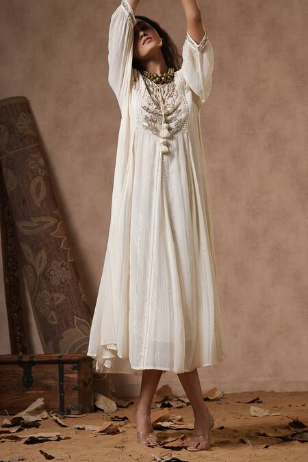 Buy_Nyaro_Off White Viscose, Georgette Sequins Round Neck Placement Embroidered Dress_Online_at_Aza_Fashions