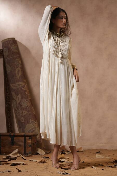 Shop_Nyaro_Off White Viscose, Georgette Sequins Round Neck Placement Embroidered Dress_Online_at_Aza_Fashions