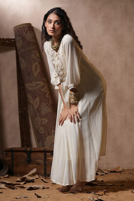 Nyaro_Off White Viscose, Georgette Sequins Round Neck Placement Embroidered Dress_at_Aza_Fashions