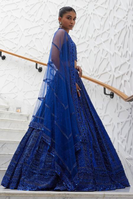 Nitika Gujral_Blue Net, Satin Sequins, Beads, Geometric Pattern Beadwork Bridal Lehenga Set _Online_at_Aza_Fashions