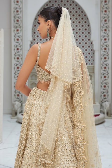 Shop_Nitika Gujral_Beige Net, Satin Sequins, Beads And Crystal Embroidered Bridal Lehenga Set _at_Aza_Fashions