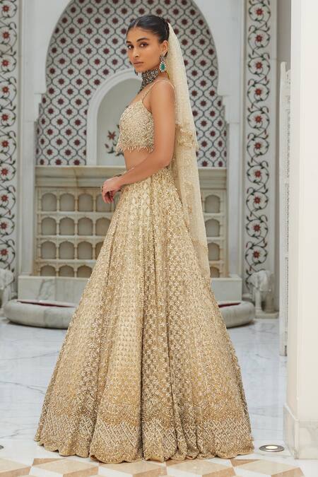 Nitika Gujral_Beige Net, Satin Sequins, Beads And Crystal Embroidered Bridal Lehenga Set _Online_at_Aza_Fashions