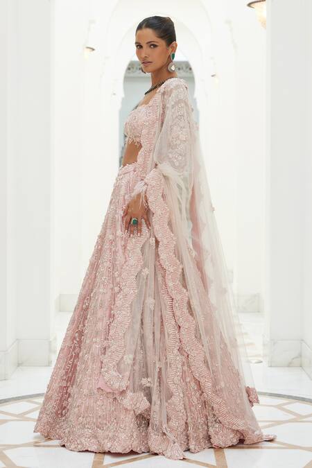 Buy_Nitika Gujral_Pink Net, Satin Sequins, Beads, 3d Floral Embroidered Bridal Lehenga Set _Online_at_Aza_Fashions