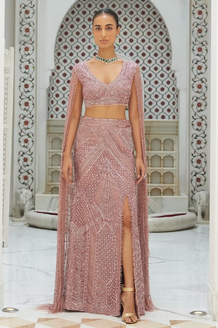 Nitika Gujral Pink Silk, Net Sequins, Beads, Crystals V-neck Fishtail Embroidered Lehenga Set